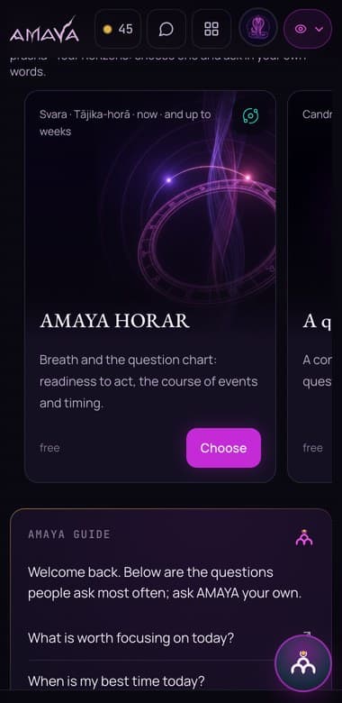 Ask the sky on a phone: the school cards in a row, AMAYA HORAR in front with the horizon of its answer and the price in the corner, and the AMAYA Guide below.