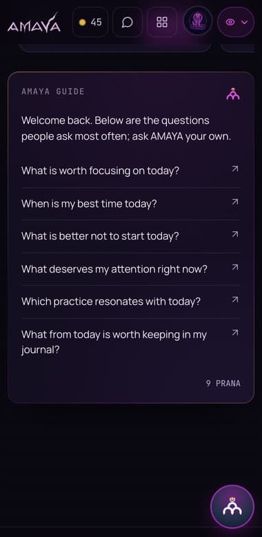 The AMAYA Guide on a phone: ready-made questions about today, with the PRANA price under each one.